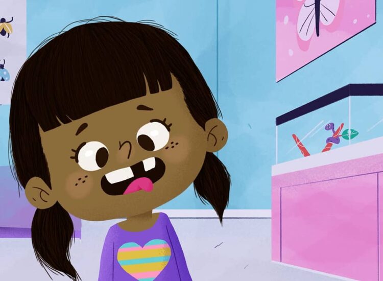 Illustration of girl with tooth missing in dentists office